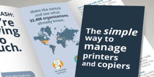 A sample trifold brochure displayed explaining how to manage printers and copiers.