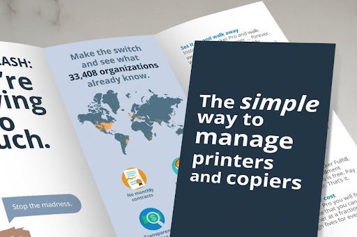 A sample trifold brochure displayed explaining how to manage printers and copiers.